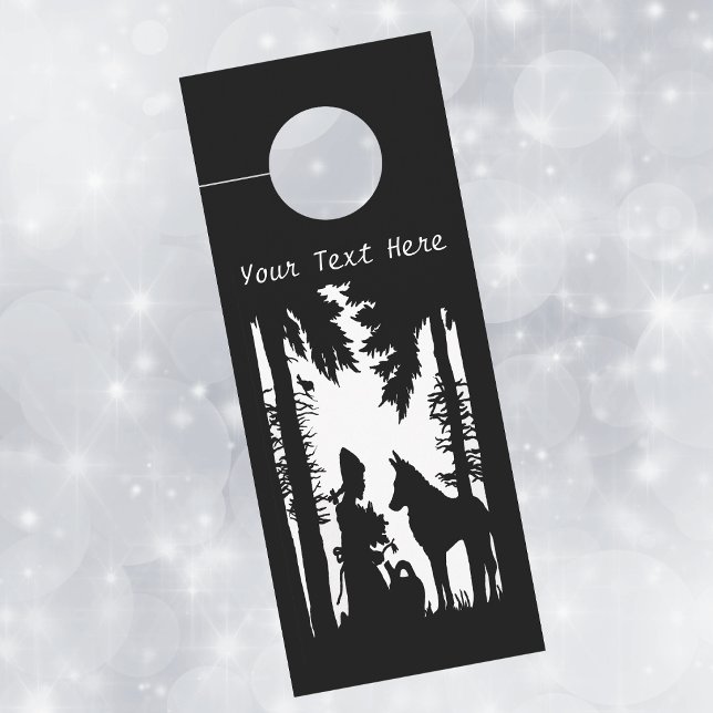 黒と白の赤ずきん 森の木の下 ドアノブサイン (Black and white Red riding hood in the woods under trees with the wolf on paper door hanger.)