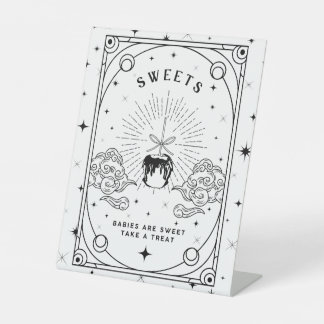 黒と白の赤ちゃんシャワー甘いデザートテーブル 台座サイン