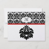 黒と白の赤のダマスコウェディングレスポンスカード 出欠カード (正面)