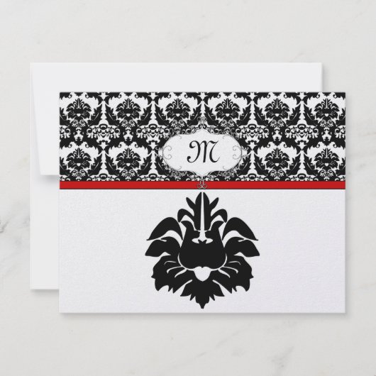 黒と白の赤のダマスコウェディングレスポンスカード 出欠カード (正面)