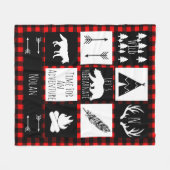 黒と白の部族の野生のウッドランズレッドプレイド フリースブランケット (正面(横))