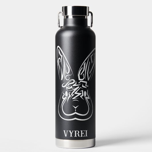 黒と白の部族ウサギ ウォーターボトル (正面)