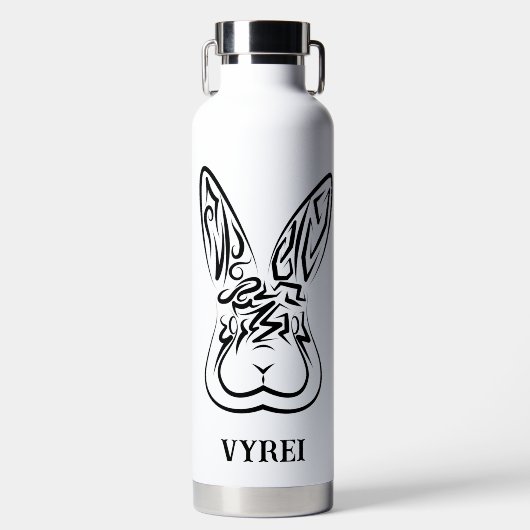 黒と白の部族ウサギ ウォーターボトル (正面)