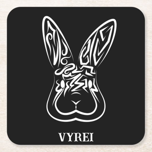 黒と白の部族ウサギ スクエアペーパーコースター (正面)