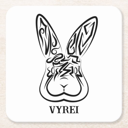 黒と白の部族ウサギ スクエアペーパーコースター (正面)