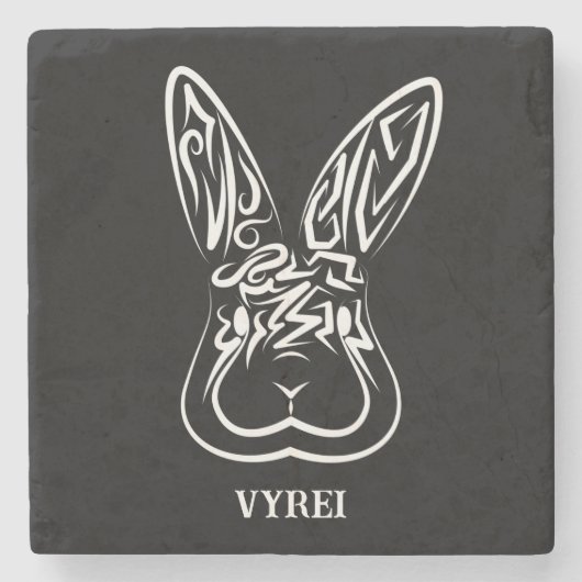 黒と白の部族ウサギ ストーンコースター (正面)