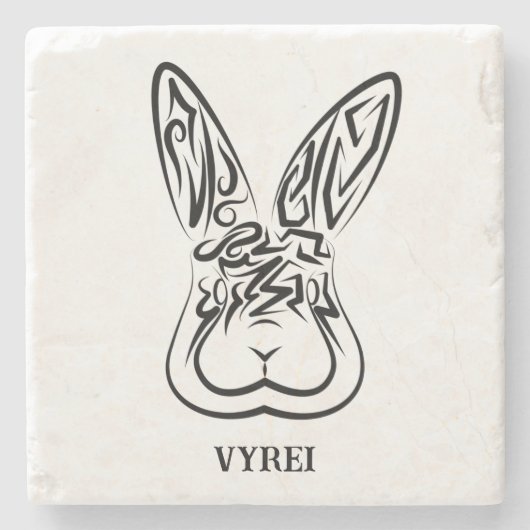 黒と白の部族ウサギ ストーンコースター (正面)