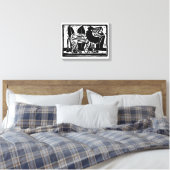 黒と白の雄叫ぶライオンのリノカット キャンバスプリント (インサイチュ (寝室))