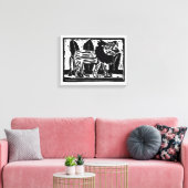 黒と白の雄叫ぶライオンのリノカット キャンバスプリント (インサイチュ (リビング))