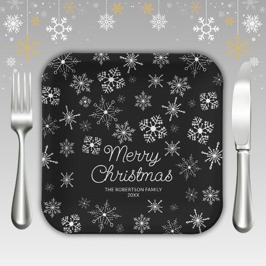 黒と白の雪の結晶 クリスマスパーティー ペーパープレート