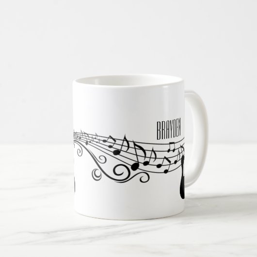 黒と白の電気ギターの音符 コーヒーマグカップ (正面右)