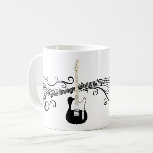 黒と白の電気ギターの音符 コーヒーマグカップ (正面左)