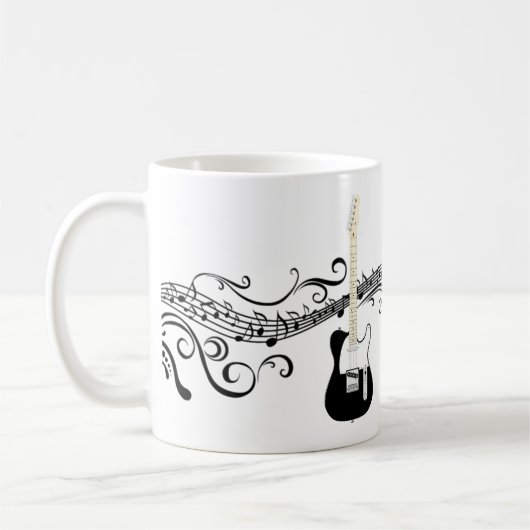 黒と白の電気ギターの音符 コーヒーマグカップ (左)