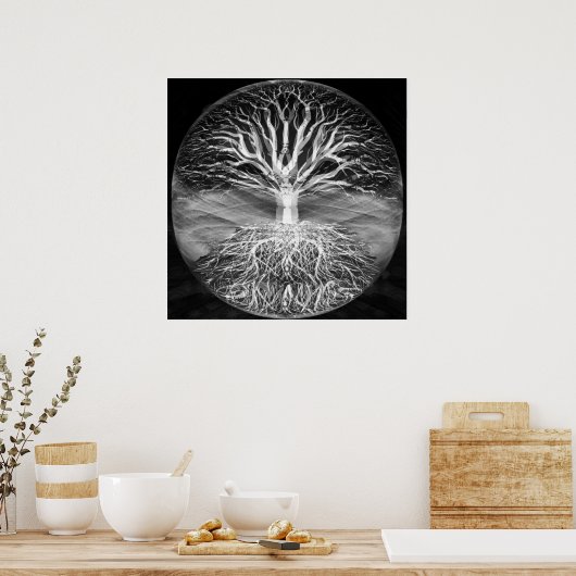 黒と白の静けさの木 ポスター (キッチン)