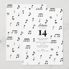 黒と白の音符シンボル 誕生日パーティー 招待状