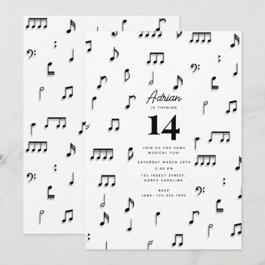 黒と白の音符シンボル 誕生日パーティー 招待状 (正面/裏面)