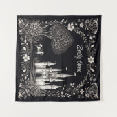 黒と白の馬のいるおとぎ話のお城 タペストリー (正面(横))