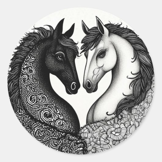 黒と白の馬 🐴 洗練されたウマのペアアート ラウンドシール (正面)