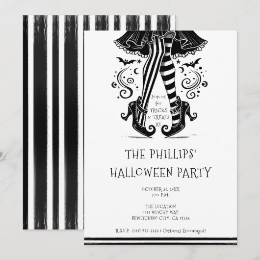 黒と白の魔女の足 不思議なハロウィンパーティ 招待状 (正面/裏面)