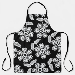 黒と白の鳩の花パターブラック、アブストラック エプロン