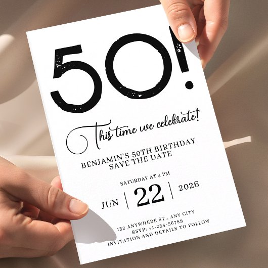 黒と白の50歳の誕生日記念Save The Date 招待状