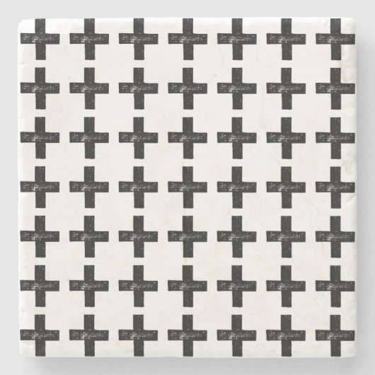 黒と白の「プラス」数学記号リノカット ストーンコースター (正面)