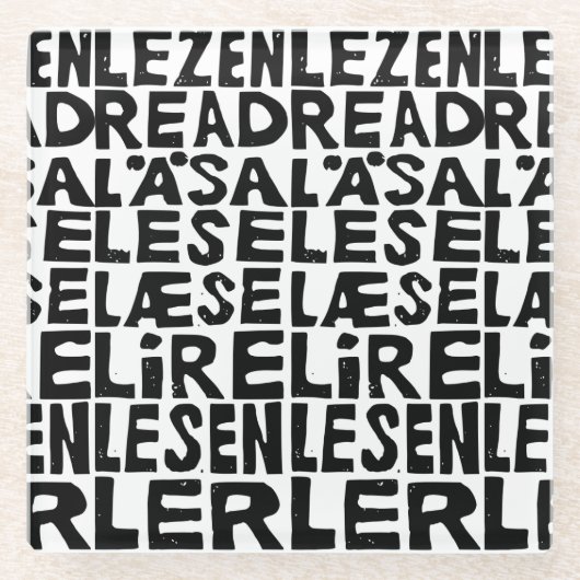 黒と白の「8読言語で」Lino Cut ガラスコースター (正面)
