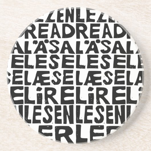 黒と白の「8読言語で」Lino Cut コースター (正面)