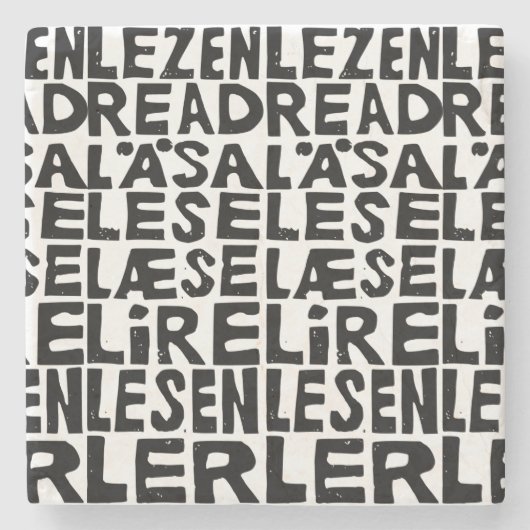 黒と白の「8読言語で」Lino Cut ストーンコースター (正面)