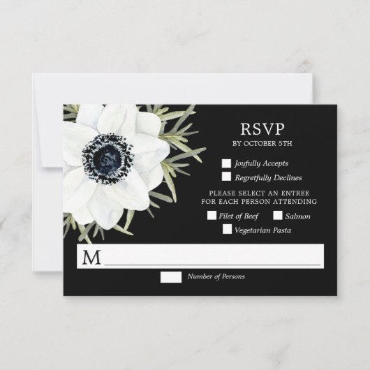 黒と白のAnemones植物結婚式RSVPカード 出欠カード (正面)
