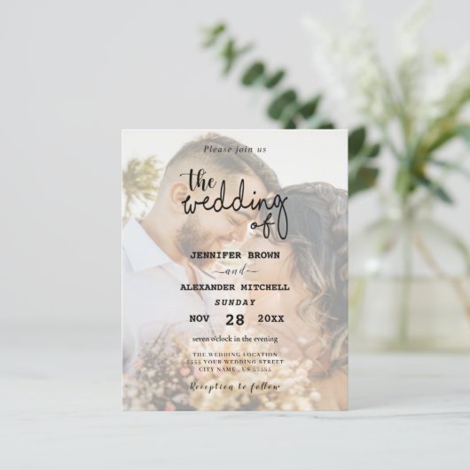 黒と白エレガントのオーバーレイ写真の結婚式の招待 (スタンド正面)