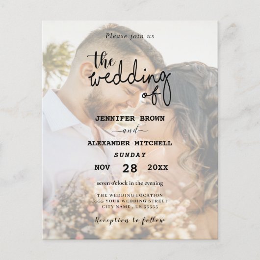 黒と白エレガントのオーバーレイ写真の結婚式の招待 (正面)