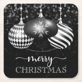 黒と白エレガントのバウブルメリークリスマス スクエアペーパーコースター