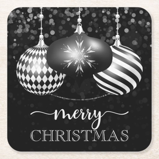 黒と白エレガントのバウブルメリークリスマス スクエアペーパーコースター (正面)