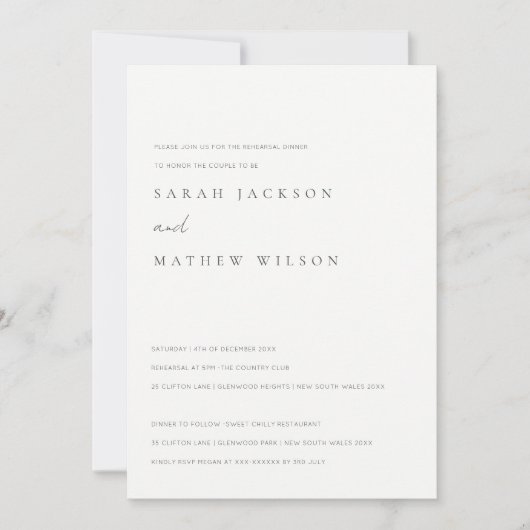 黒と白ミニマルのタイポグラフィリハーサルディナー 招待状 (正面)