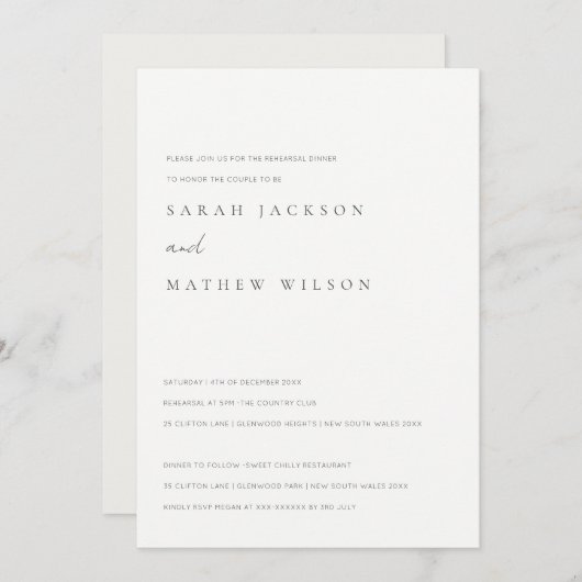 黒と白ミニマルのタイポグラフィリハーサルディナー 招待状 (正面/裏面)