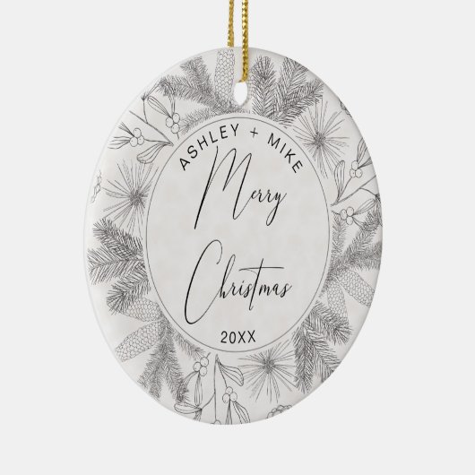 黒と白モダンのクリスマスパインリース写真 セラミックオーナメント (右)