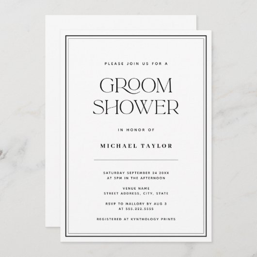 黒と白モダンのグルームシャワー 招待状 (正面/裏面)