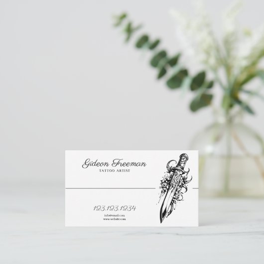 黒と白モダンのナイフバラタトゥーアーティスト 名刺 (スタンド正面)