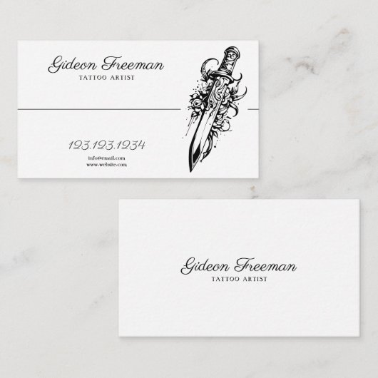 黒と白モダンのナイフバラタトゥーアーティスト 名刺 (正面/裏面)