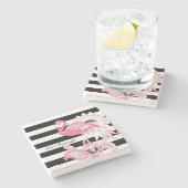 黒と白モダンのピンクフストライプラミンゴ ストーンコースター (横)