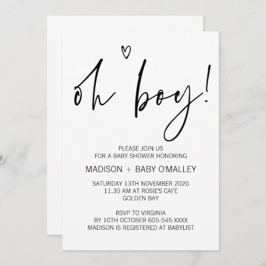 黒と白モダンの男の子のベビーシャワー招待状 招待状 (正面/裏面)