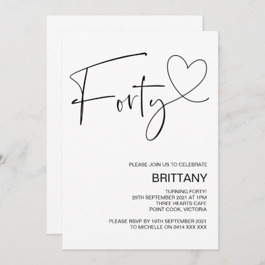 黒と白モダンの40歳の誕生日パーティー 招待状 (正面/裏面)