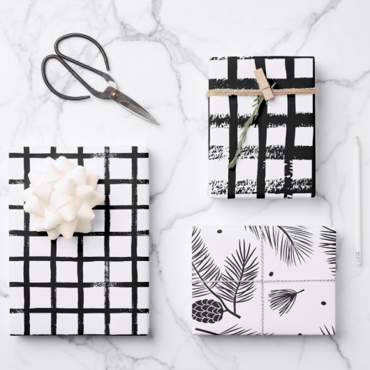 黒と白モダンブラシのクリスマスラッピング ラッピングペーパーシート (正面)