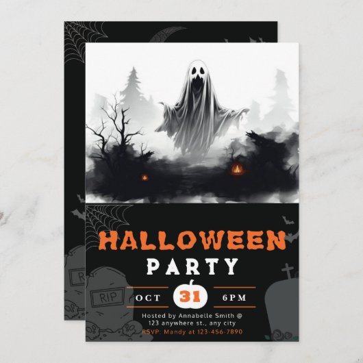 黒と白不気味の幽霊不気味なハロウィーン 招待状 (正面/裏面)