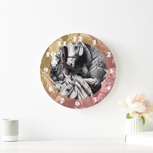 黒と白絵画の芸術で詳述された馬 ラージ壁時計 (ホーム)