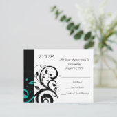 黒と白、ティール(緑がかった色)逆旋回RSVP インビテーションポストカード (スタンド正面)