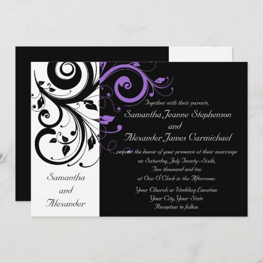 黒と白(紫の渦巻き旋回結婚式招待状) 招待状 (正面/裏面)