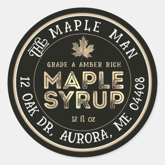 黒と素朴金ゴールドメープルシロップのラベル金ゴールドリーフ ラウンドシール (正面)