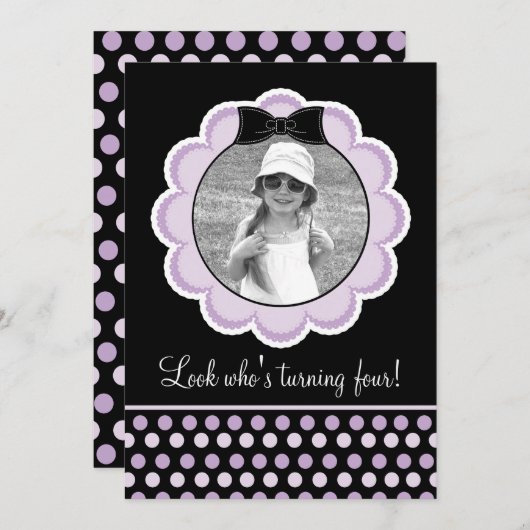 黒と紫かわいらしの誕生日パーティーの招待 招待状 (正面/裏面)